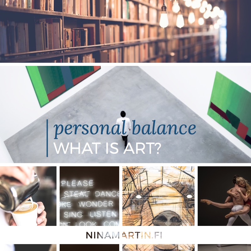 Collage of different forms of the arts: bookshop, museum of contemporary arts, coffee art, typography lighting, street art of bear, ballet dancer couple.